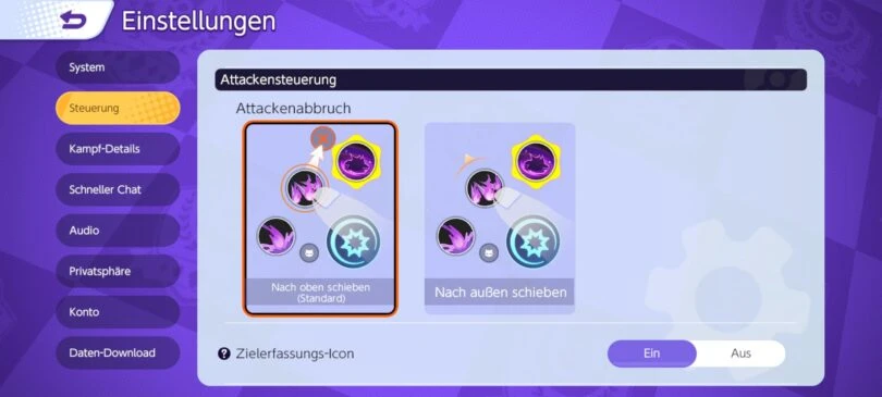 Attackensteuerung Einstellungen auf Pokémon Unite