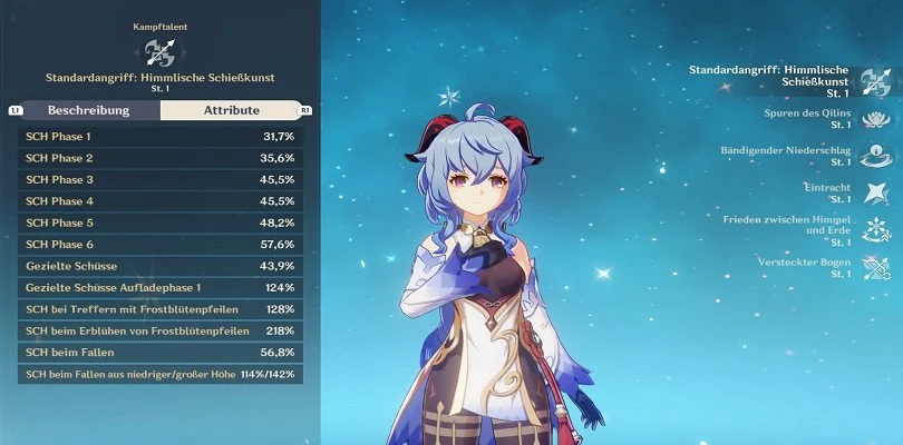 Statistiken zu Ganyus normalem Angriff in Genshin Impact