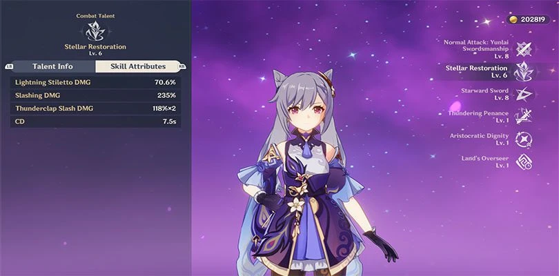 Statistics for Keqing's elemental skill in Genshin Impact