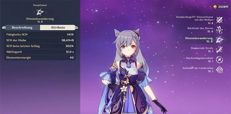 Statistiken zu Keqings Elementarer Entfesselung in Genshin Impact