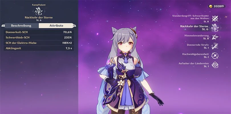 Statistiken zu Keqings Elementarfähigkeit in Genshin Impact