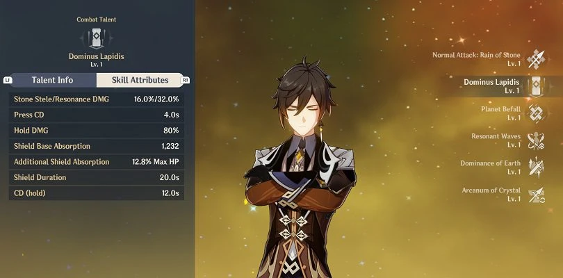Statistiken zu Zhongli  Dominus Lapidis Talente auf Level 1 