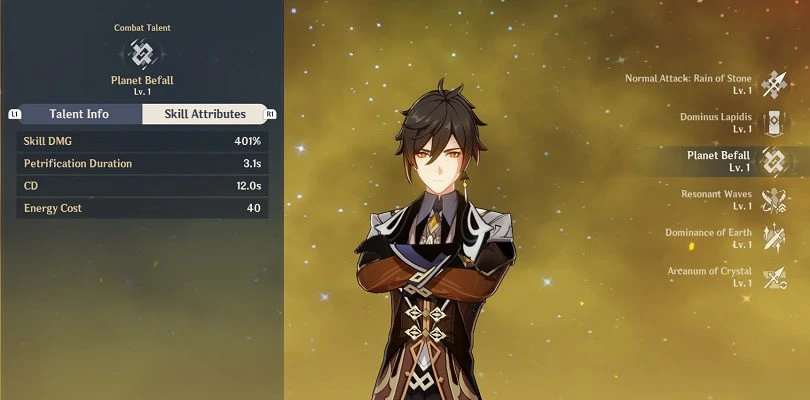 Statistics Zhongli's Meteor Fall Talent at level 1