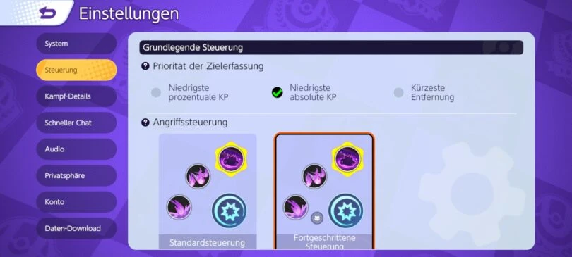Einstellungen für die Zielgerichtetheit von Angriffen auf Pokémon Unite