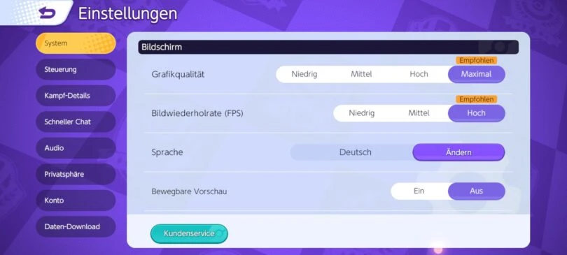 Die Systemeinstellungen auf Handy von Pokémon Unite