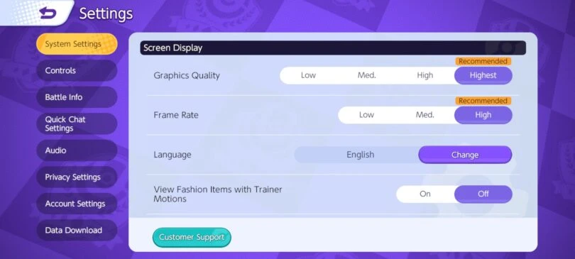 The system settings on mobile Pokémon Unite