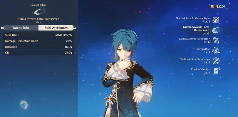 Xingqiu's elemental ability statistics in Genshin Impact - Guhua Sword: Driving Rain 