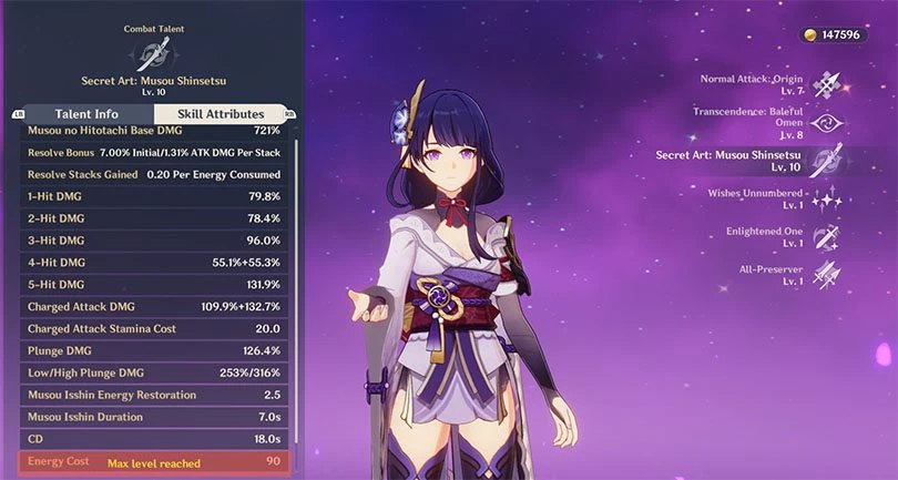 Raiden's elemental rampage statistics in Genshin Impact
