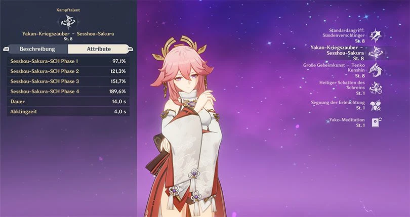 Statistik über die Elementartalente von Yae Miko in Genshin Impact