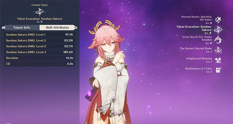 Statistics for Yae Miko's elemental talent in Genshin Impact