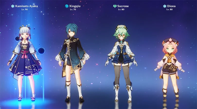 Team, um Ayaka in Genshin Impact  zu spielen: Ayaka / Xingqiu / Saccharose / Diona