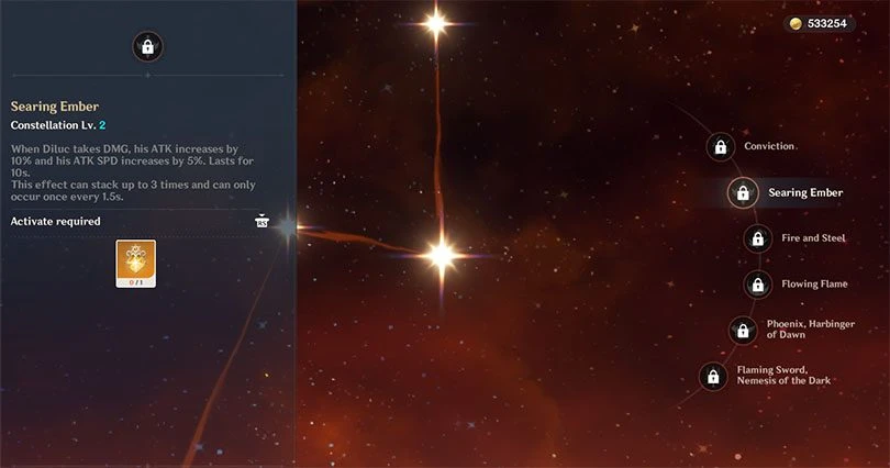 Diluc constellations in Genshin Impact