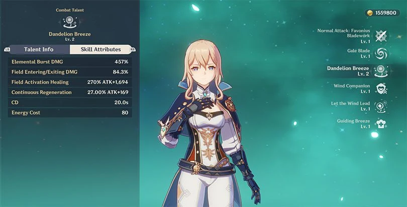 Statistics of the elemental rampage of Jean in Genshin Impact