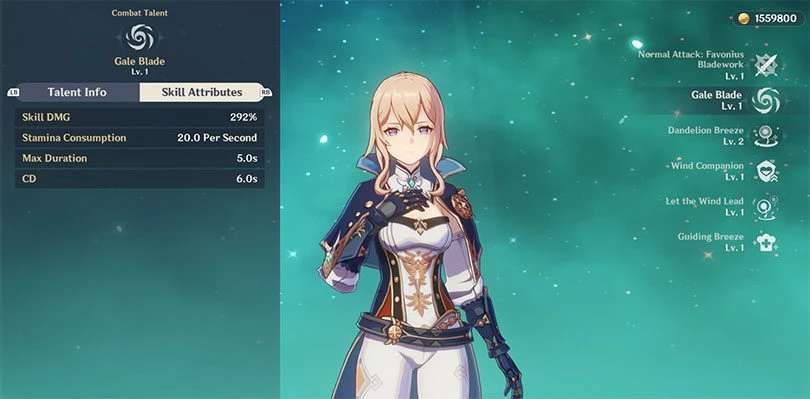 Elemental talent statistics from Jean in Genshin Impact