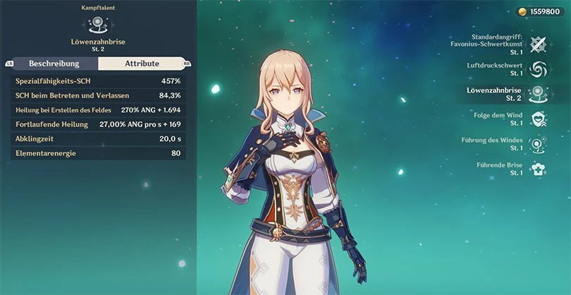 Statistik des elementaren Ausbruchs von Jean in Genshin Impact