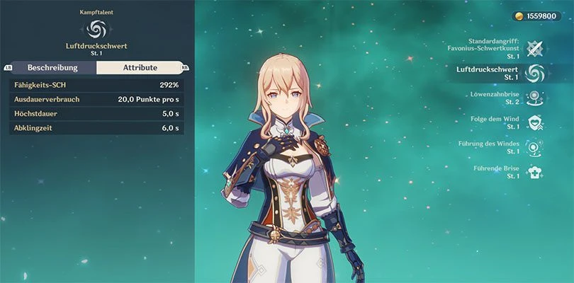 Statistiken über die Elementarfähigkeit von Jean in Genshin Impact