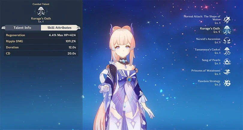 Statistics of Kokomi's elemental ability in Genshin Impact