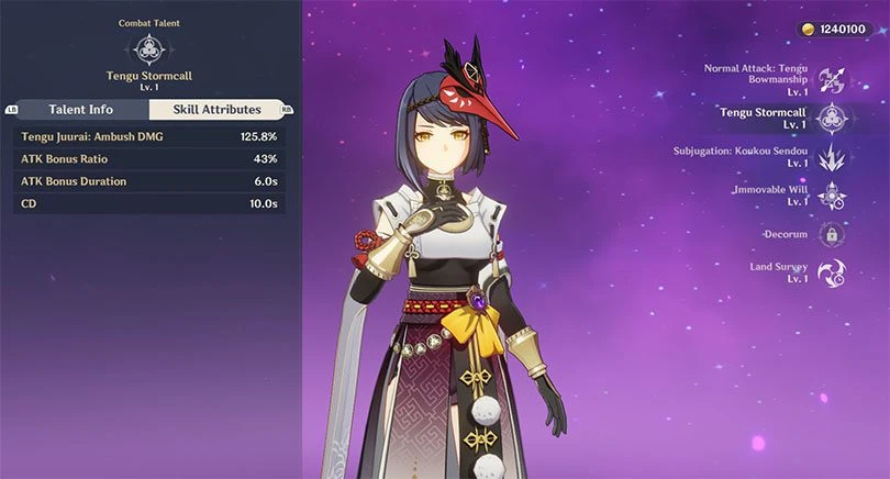 Statistics of Kujou Sara's elemental attack in Genshin Impact