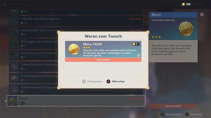 Kaufen Sie Mora in Genshin Impact im Tausch gegen Geo-Siegel.