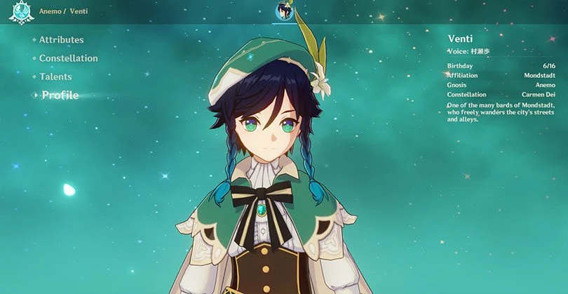 Profile von Venti in Genshin Impact