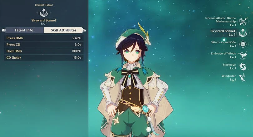 Venti's elemental attack statistics in Genshin Impact