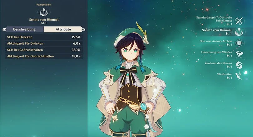 Statistiken zu Venti's Elementarangriff in Genshin Impact