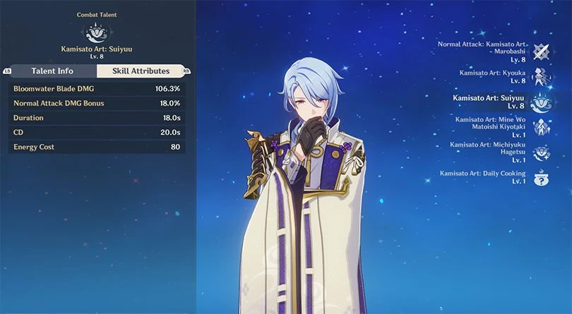 Ayato's elemental rampage statistics in Genshin Impact