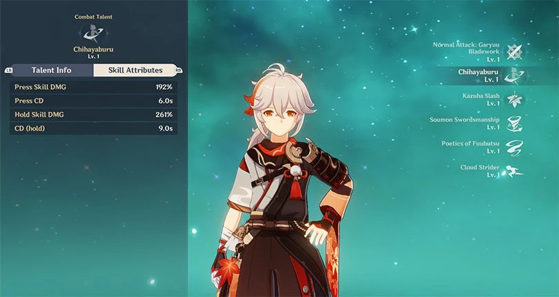 Kazuha's elemental attack statistics in Genshin Impact