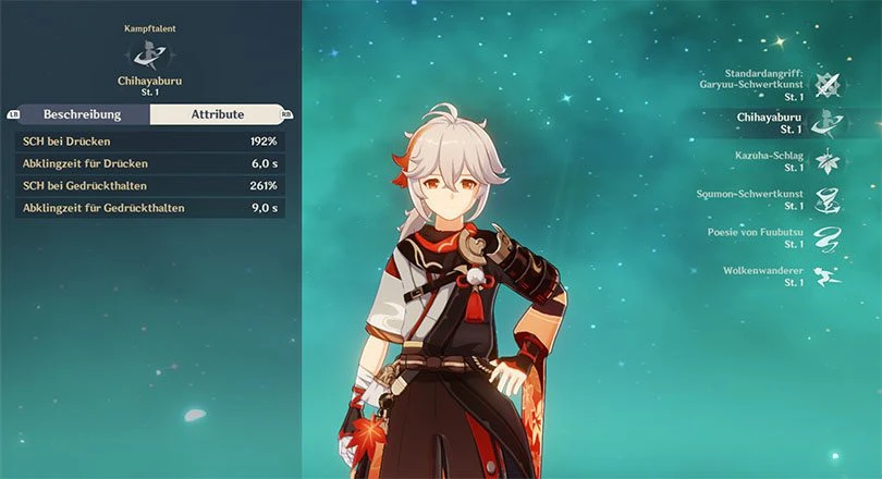 Statistiken zu Kazuhas Elementarangriff in Genshin Impact