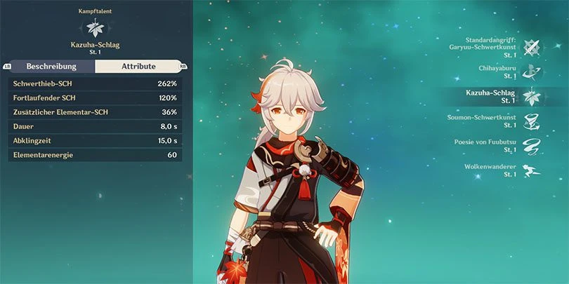 Statistiken zu Kazuhas Elementarer Entfesselung in Genshin Impact
