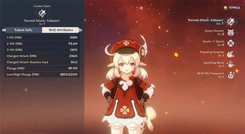 Klee's normal attack statistics