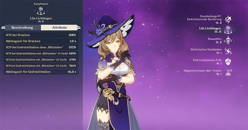 Statistiken zu Lisas Elementarangriff in Genshin Impact