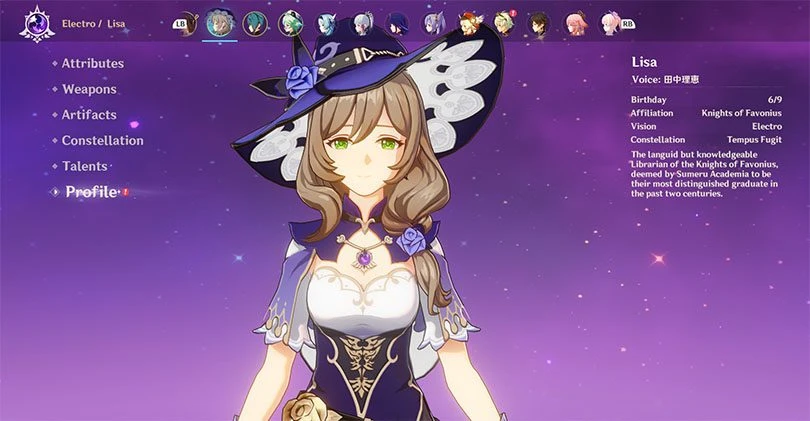Lisa's profile in Genshin Impact