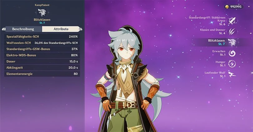 Statistiken über den Elementarangriff von Razor in Genshin Impact