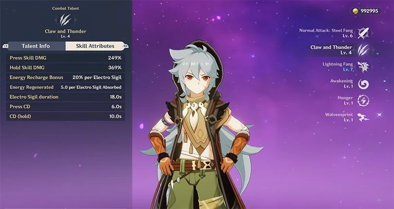 Razor's normal attack statistics in Genshin Impact