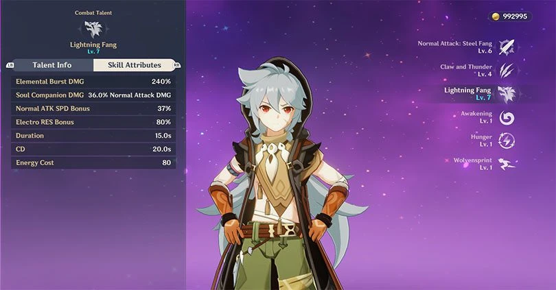 Razor's elemental attack statistics in Genshin Impact