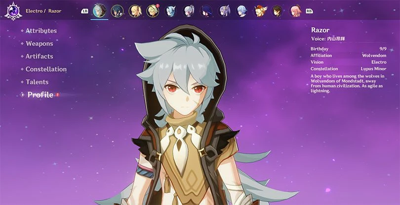Profile of Razor in Genshin Impact