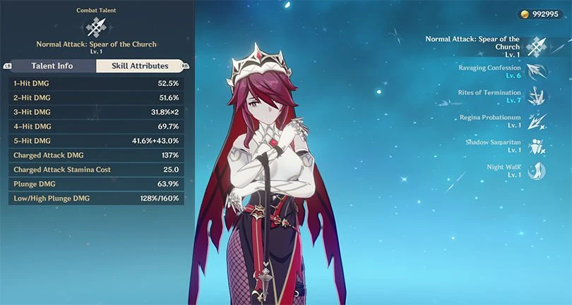 Normal attack statistics from Rosaria in Genshin Impact