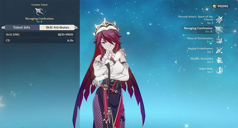 Elemental attack statistics from Rosaria in Genshin Impact