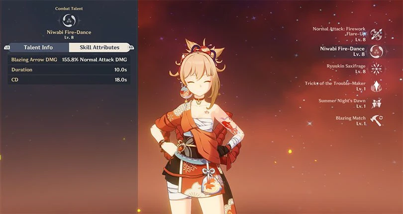 Yoimiya's elemental attack statistics in Genshin Impact