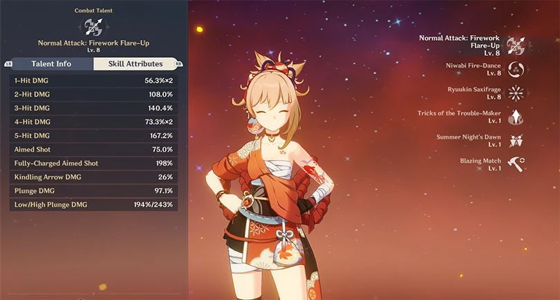 Yoimiya's normal attack statistics in Genshin Impact