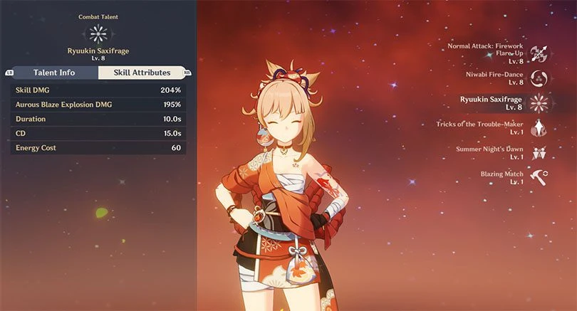 Yoimiya's elemental rampage statistics in Genshin Impact