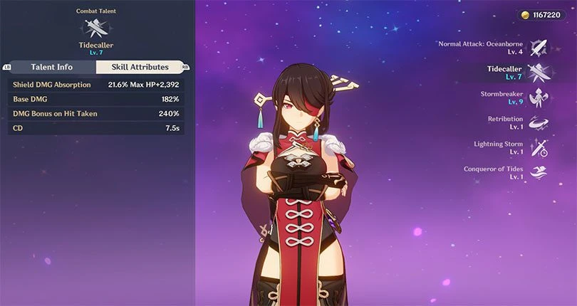Beidou's elemental attack statistics in Genshin Impact