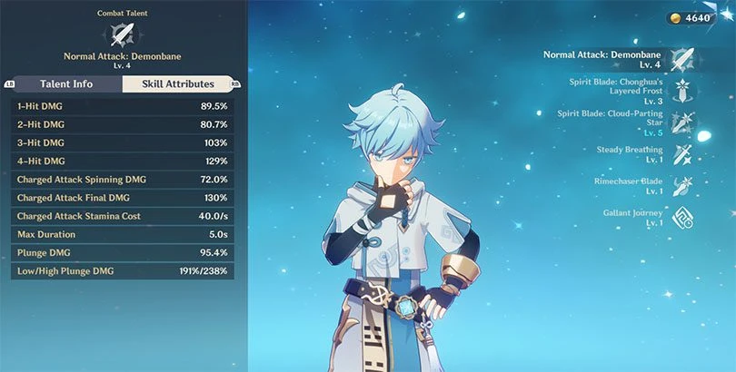 Chongyun's normal attack statistics in Genshin Impact