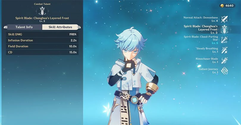 Statistics of Chongyun's elemental attack in Genshin Impact