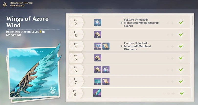 Rewards of reputation in Mondstadt
