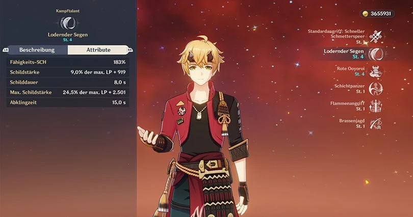 Statistik des Angriffs Lodernder Segen von Thoma in Genshin Impact