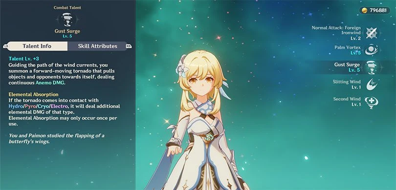 Description of the elemental rampage of the Traveler Anemo in Genshin Impact