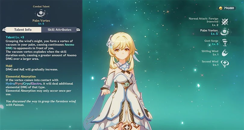 Description of the elemental attack of the Traveler Anemo in Genshin Impact