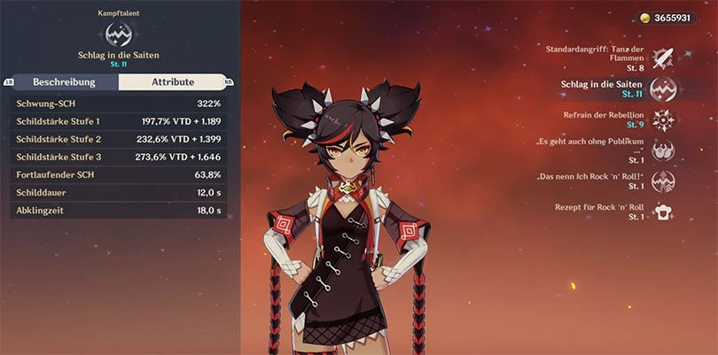 Statistiken zu Xinyans Elementarangriff in Genshin Impact